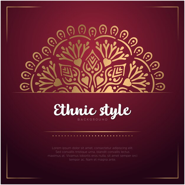 Fondo de tarjeta de estilo étnico con plantilla de mandala y texto, color rojo y dorado