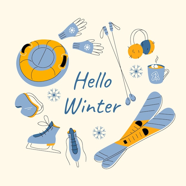 Fondo de tarjeta de felicitación de deportes de invierno marco redondo con patines de hielo tubo de esquís y hola invierno diciendo