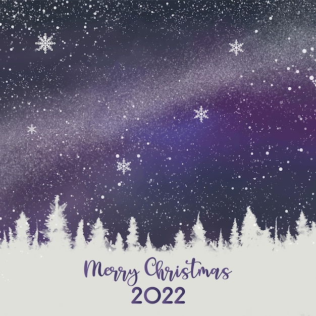 Fondo para una tarjeta de felicitación de feliz Navidad con un espacio de copia de pino contra un hermoso cielo nocturno con nieve y copos de nieve.