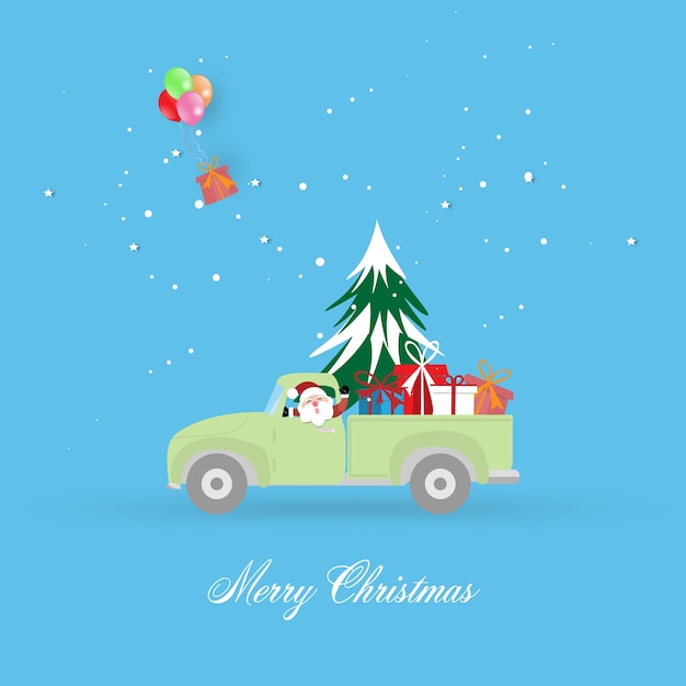 Fondo de tarjeta de felicitación de feliz Navidad y próspero año nuevo con camioneta con árbol de Navidad y caja de regalo.