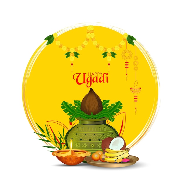 Vector fondo de tarjeta de felicitación feliz ugadi con kalash decorado