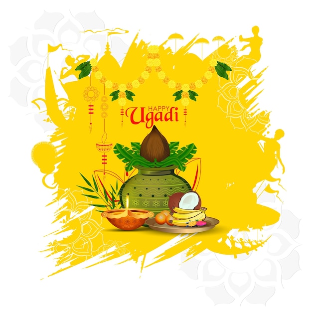 Vector fondo de tarjeta de felicitación feliz ugadi con kalash decorado