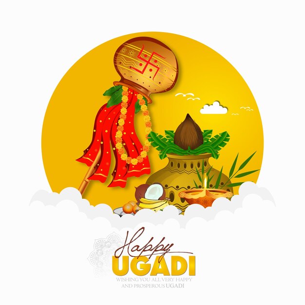 Fondo de tarjeta de felicitación feliz ugadi con kalash decorado