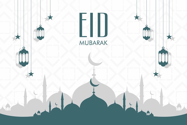 Fondo de tarjeta de felicitación de luna y mezquita islámica de Eid Mubarak