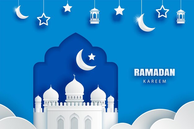 Fondo de tarjeta de felicitación de ramadán kareem Diseño de ilustración de banner de arte de papel de Eid mubarak