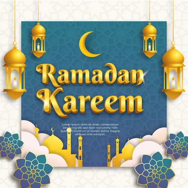 Fondo de tarjeta de felicitación de ramadan kareem de estilo islámico de oro azul y conjunto de plantillas de banner cuadrado