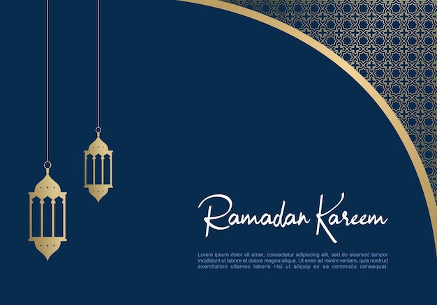 Fondo de tarjeta de felicitación de ramadan kareem con linternas y adornos islámicos en estilo azul
