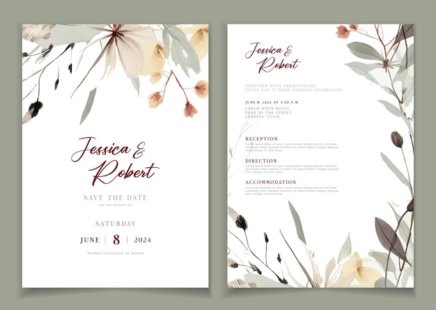 Fondo de tarjeta de invitación de boda con línea de arte acuarela flor y hojas botánicas orgánicas