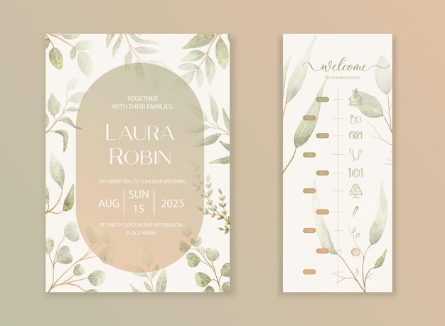 Vector fondo de tarjeta de invitación de boda de lujo con arte floral de hojas botánicas de acuarela verde