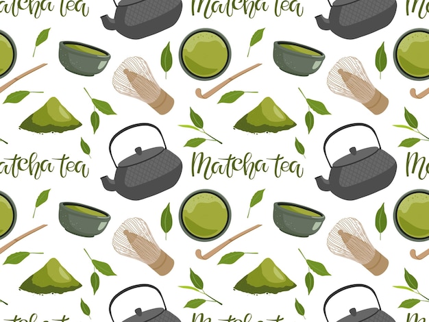Fondo de té verde matcha abstracto sin costuras con cepillo de cuchara de tetera de tazón de bebida