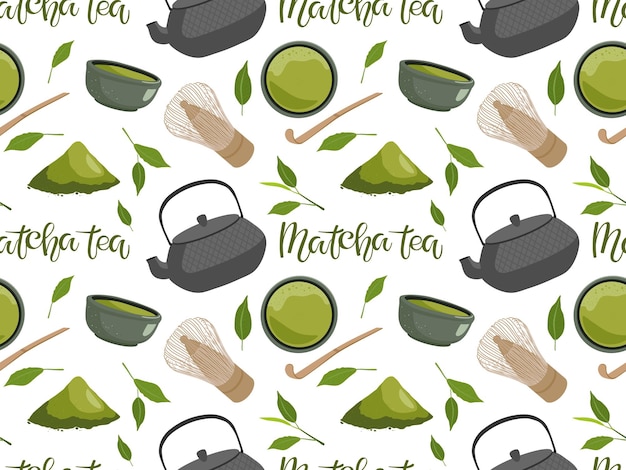 Vector fondo de té verde matcha abstracto sin costuras con cepillo de cuchara de tetera de tazón de bebida