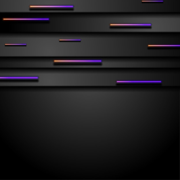 Fondo técnico abstracto negro con líneas de láser de neón naranja violeta