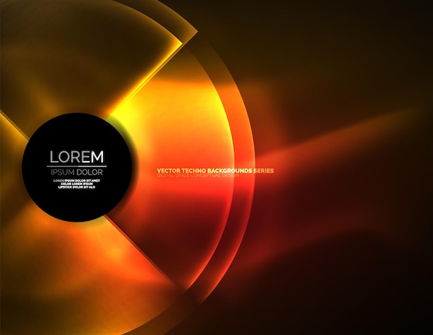 Fondo tecno de formas de neón brillantes circulares Círculos transparentes brillantes abstractos en el espacio de tecnología oscura