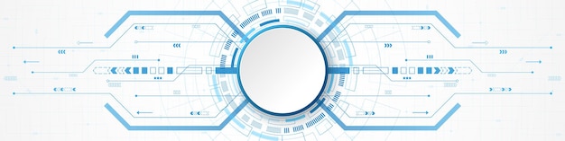 Fondo de tecnología abstracta, banner de círculo blanco en círculo digital azul y placa de circuito