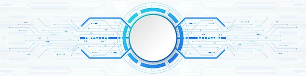 Fondo de tecnología abstracta, banner de círculo blanco en círculo digital azul y placa de circuito