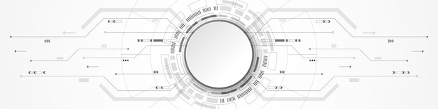 Fondo de tecnología abstracta, banner de círculo blanco en placa de circuito digital gris