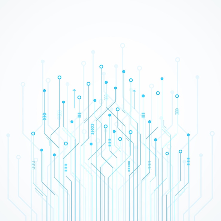 Vector fondo de tecnología abstracta flecha digital acelerar y microchip de patrón de placa de circuito azul