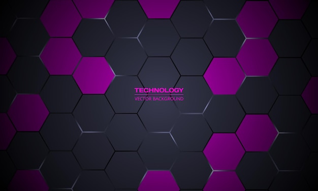 Fondo de tecnología abstracta hexagonal gris oscuro y púrpura