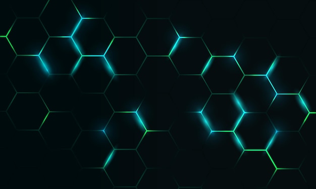 Fondo de tecnología abstracta de hexágono oscuro con destellos brillantes de color azul y verde debajo del hexágone