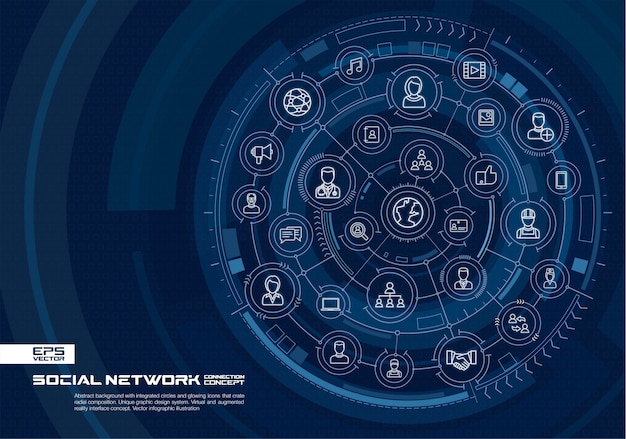 Fondo de tecnología abstracta. sistema de conexión digital con círculos integrados, brillantes iconos de líneas finas. concepto de interfaz de realidad virtual aumentada. futura ilustración infográfica