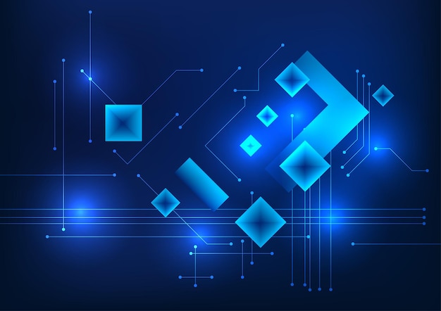El fondo de la tecnología abstracta utiliza formas geométricas cuadradas junto con líneas de circuito que conectan