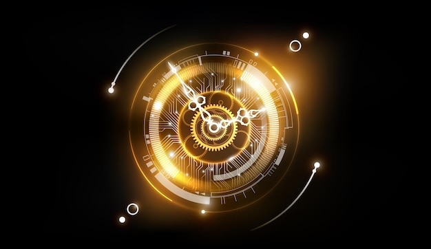 Fondo de tecnología abstracto dorado con concepto de reloj y máquina del tiempo puede girar las manecillas del reloj.