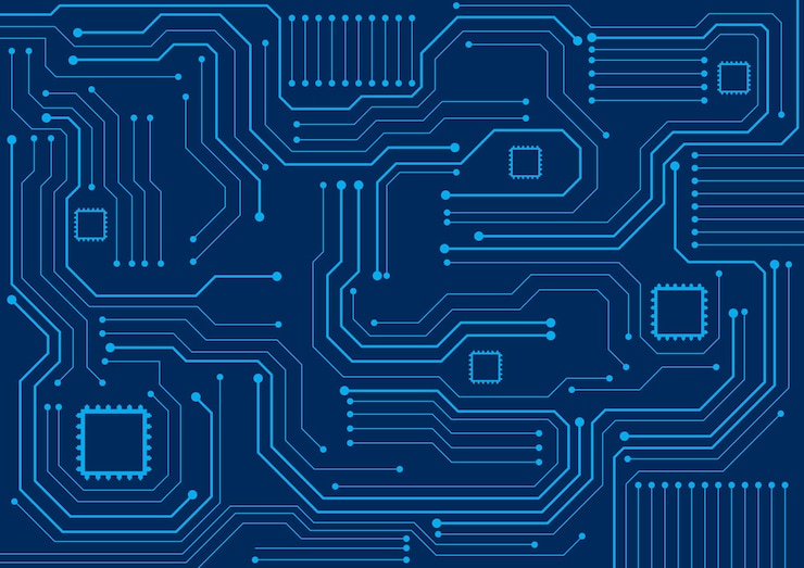 Vector fondo de tecnología de circuito con sistema de conexión de datos digitales de alta tecnología y diseño electrónico de computadora