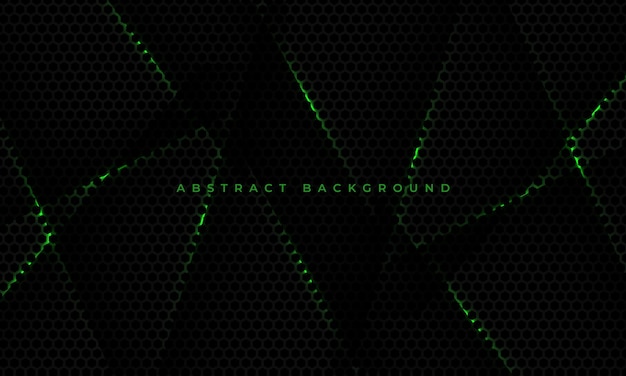 Fondo de tecnología de deportes de juego de fibra de carbono hexagonal negro con líneas verdes y objetos de sombra. Fondo abstracto de tecnología de panal. Fondo de vector negro y verde de fibra de carbono hexagonal.