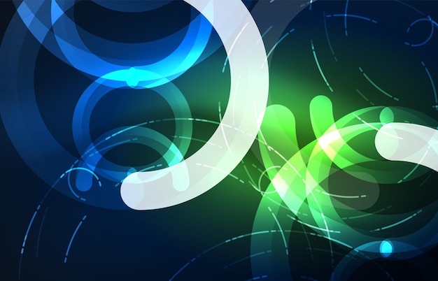 Fondo de tecnología digital abstracto de forma redonda con efectos brillantes en el espacio oscuro