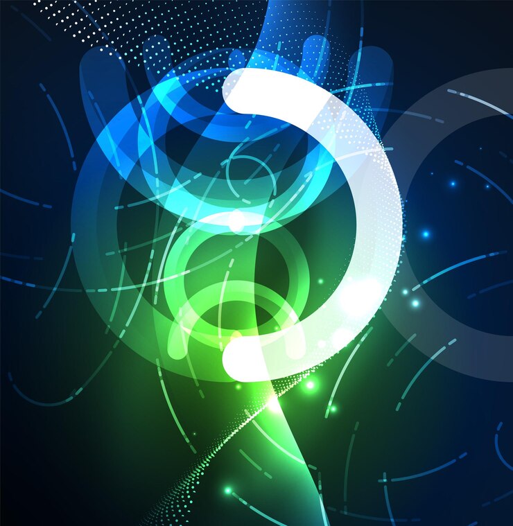 Vector fondo de tecnología digital abstracto de forma redonda con efectos brillantes en el espacio oscuro