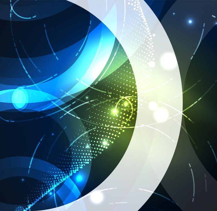 Vector fondo de tecnología digital abstracto de forma redonda con efectos brillantes en el espacio oscuro