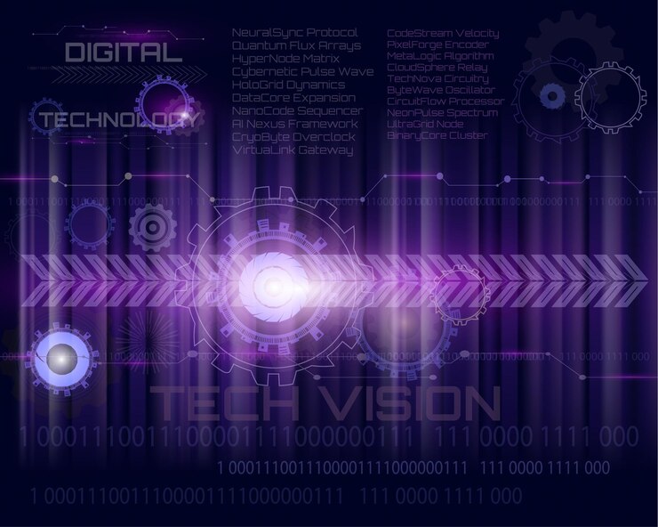 Vector fondo de tecnología digital futurista en tonos púrpura oscuro con engranajes brillantes código binario