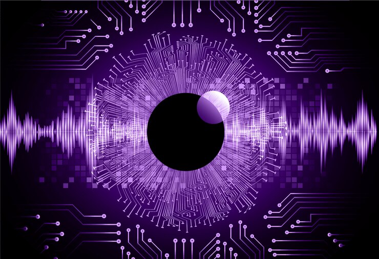 Vector fondo de tecnología futura de circuito púrpura cyber eye