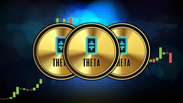 Fondo de tecnología futurista abstracta de THETA (THETA) Clásico (ETC) moneda digital criptomoneda e indicador de volumen de gráfico de mercado