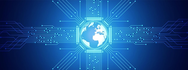 Fondo de tecnología global digital abstracto, patrón de placa de circuito azul, microchip, línea eléctrica
