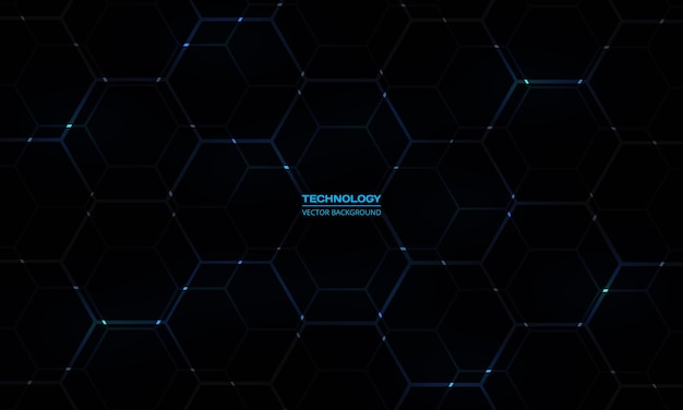 Fondo de tecnología hexagonal negro con destellos de energía azul