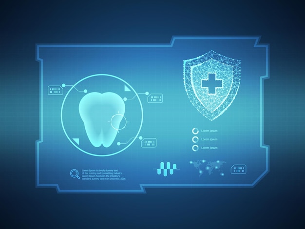 Fondo de tecnología de hud futurista de protección de la salud dental con iconos ilustración vectorial