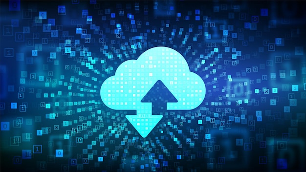 Fondo de tecnología en la nube Computación en la nube Signo de almacenamiento en la nube con dos flechas hacia arriba y hacia abajo icono hecho con código binario Flujo de datos binarios túnel ciberespacio Túnel virtual deformación Ilustración vectorial