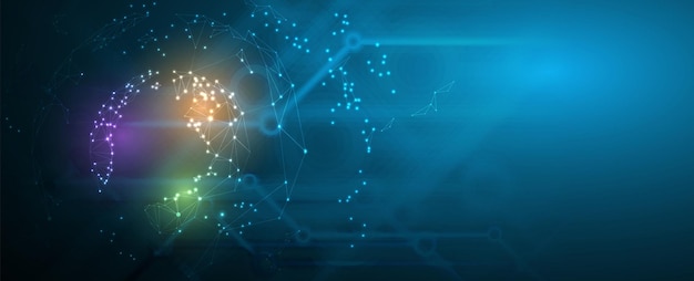 El fondo tecnológico futurista e innovador incluye elementos como placas de circuitos, microchips, teclados de computadoras, cables y formas geométricas.