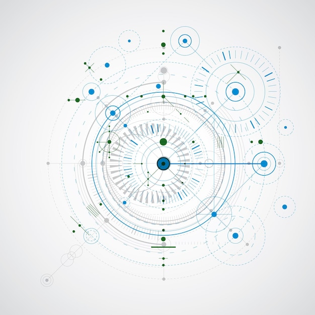 Fondo tecnológico de ingeniería vectorial, plan técnico futurista, mecanismo en colores azul y verde. El esquema mecánico, el diseño industrial abstracto se puede utilizar como fondo del sitio web.