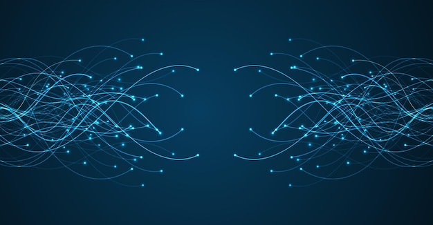 Fondo tecnológico Visualización de big data Líneas de datos abstractas tecnológicas con puntos Placa base Placa base