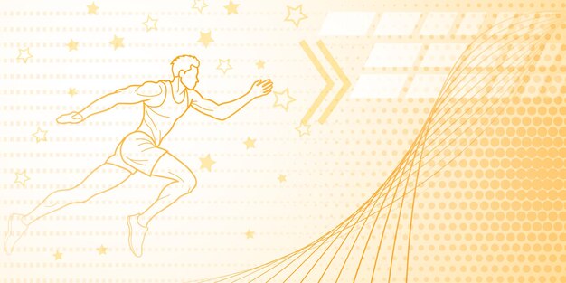Vector fondo temático de corredor o saltador de longitud en tonos amarillos con líneas abstractas estrellas y puntos con símbolos deportivos como un atleta masculino y una pista de atletismo
