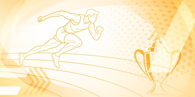 Fondo temático de corredor en tonos amarillos con curvas abstractas y puntos con símbolos deportivos como un atleta masculino corriendo por la pista y una copa