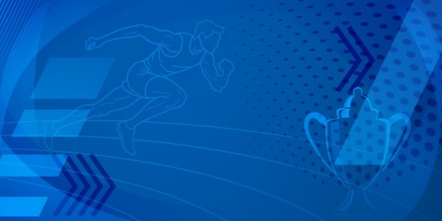 Vector fondo temático de corredor en tonos azules con curvas abstractas y puntos con símbolos deportivos como un atleta masculino corriendo por la pista y una copa