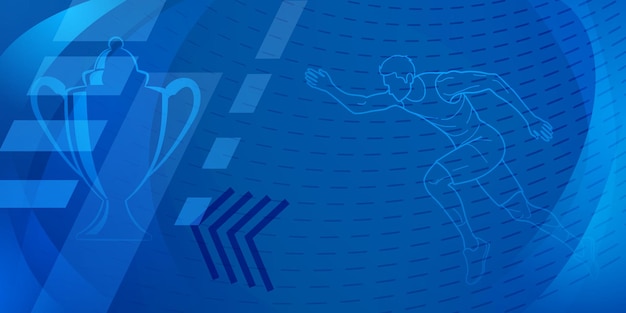 Vector fondo temático de corredor en tonos azules con líneas punteadas abstractas con símbolos deportivos como un atleta masculino y una copa