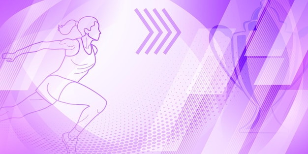 Fondo temático de corredor en tonos púrpura con curvas abstractas y puntos con símbolos deportivos como una atleta femenina y una copa