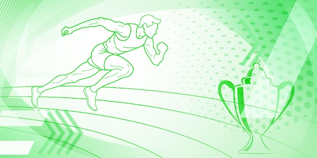 Fondo temático de corredor en tonos verdes con curvas abstractas y puntos con símbolos deportivos como un atleta masculino corriendo por la pista y una copa