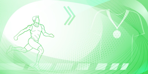 Fondo temático de corredor en tonos verdes con curvas abstractas y puntos con símbolos deportivos como un atleta masculino corriendo en pista y una medalla