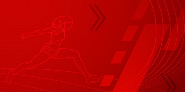 Vector fondo temático de salto largo en tonos rojos con líneas abstractas y puntos con símbolos deportivos como una atleta femenina y una pista de atletismo