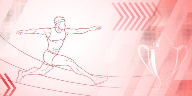 Vector fondo temático de salto largo en tonos rosados con líneas abstractas y puntos con símbolos deportivos como un atleta masculino y una copa